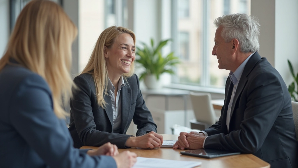 Молодая пара проводит консультацию с финансовым специалистом в современном офисе банка
