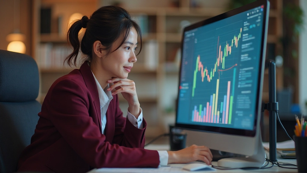 Портрет успешной женщины среднего возраста в профессиональном кабинете с графиками роста финансовых показателей