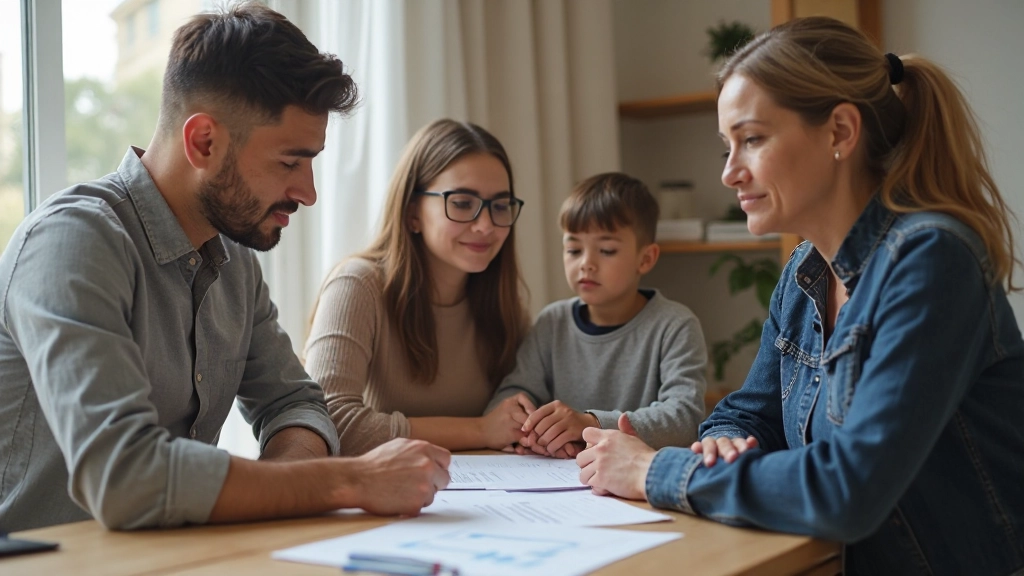 Профессиональное фото семьи, обсуждающей финансовые планы с консультантом
