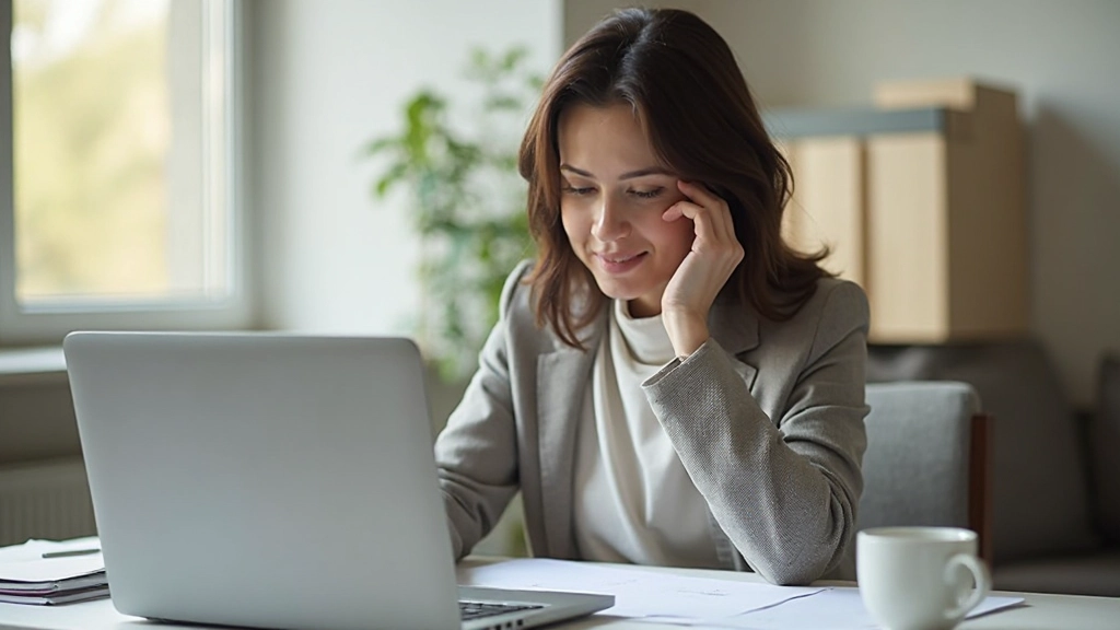 Успешная женщина-предпринимательница за ноутбуком в домашнем офисе, ведущая финансовый учёт