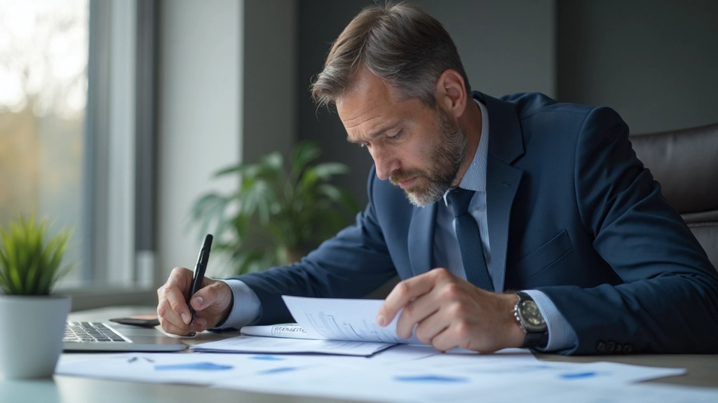 Профессиональный финансовый консультант изучает портфель инвестиций на рабочем столе с графиками и диаграммами