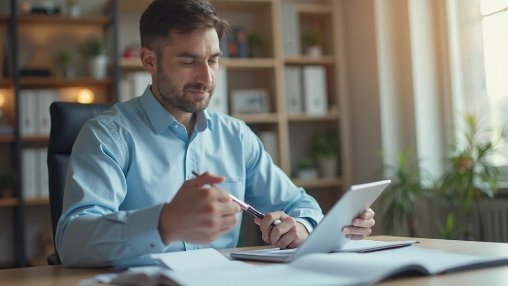 Молодой человек изучает основы формирования пенсионных средств на планшете
