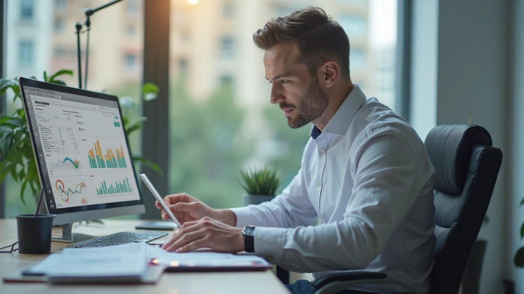 Профессиональное рабочее пространство с ноутбуком, графиками финансового развития и финансовыми документами на столе