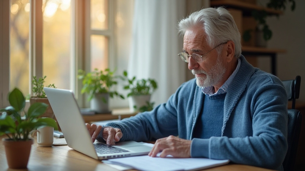 Пенсионер работает на ноутбуке с документами по пенсионному плану дома